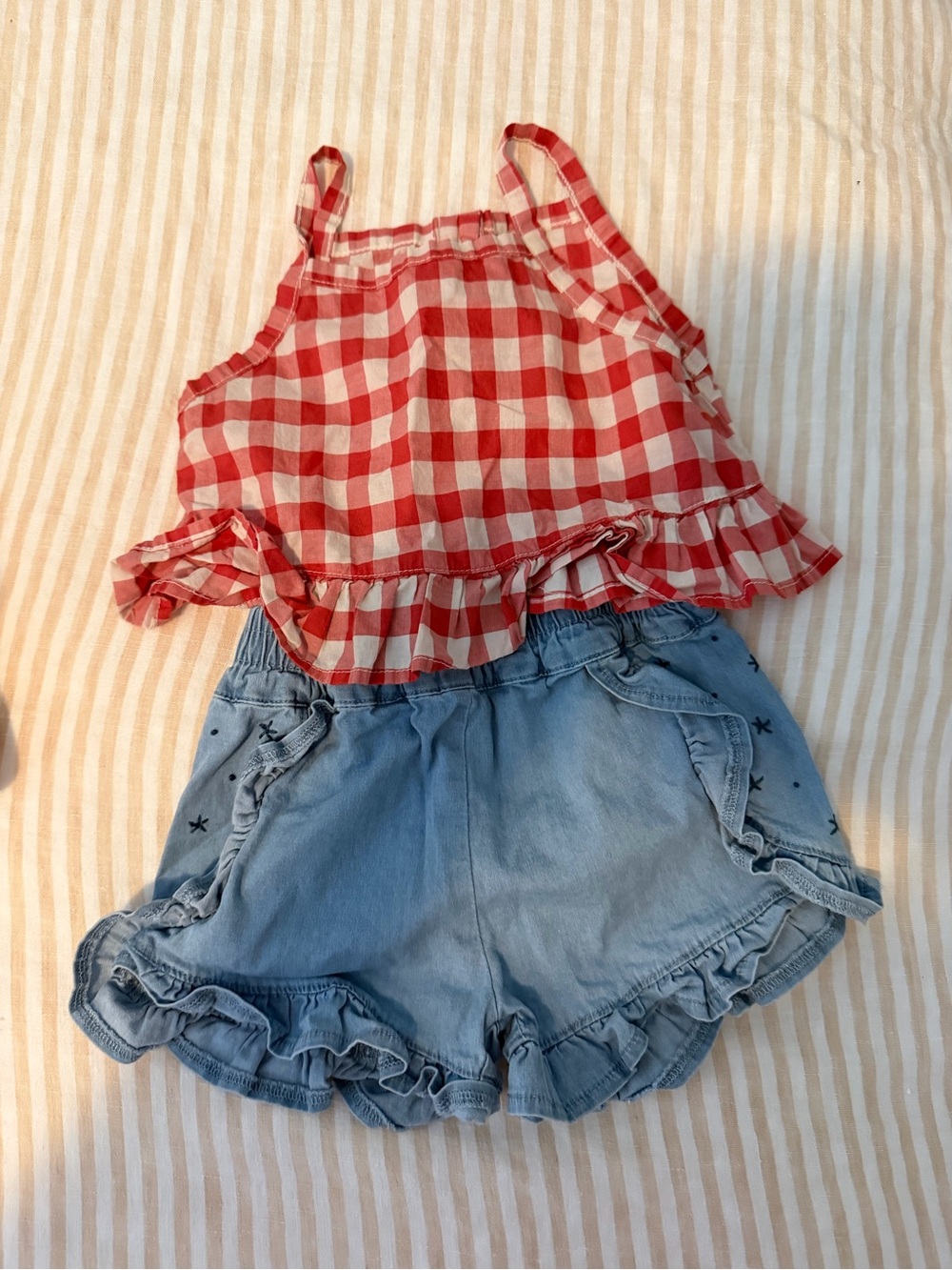 Girls Red Gingham Tank with Light Blue Ruffle Shorts Set